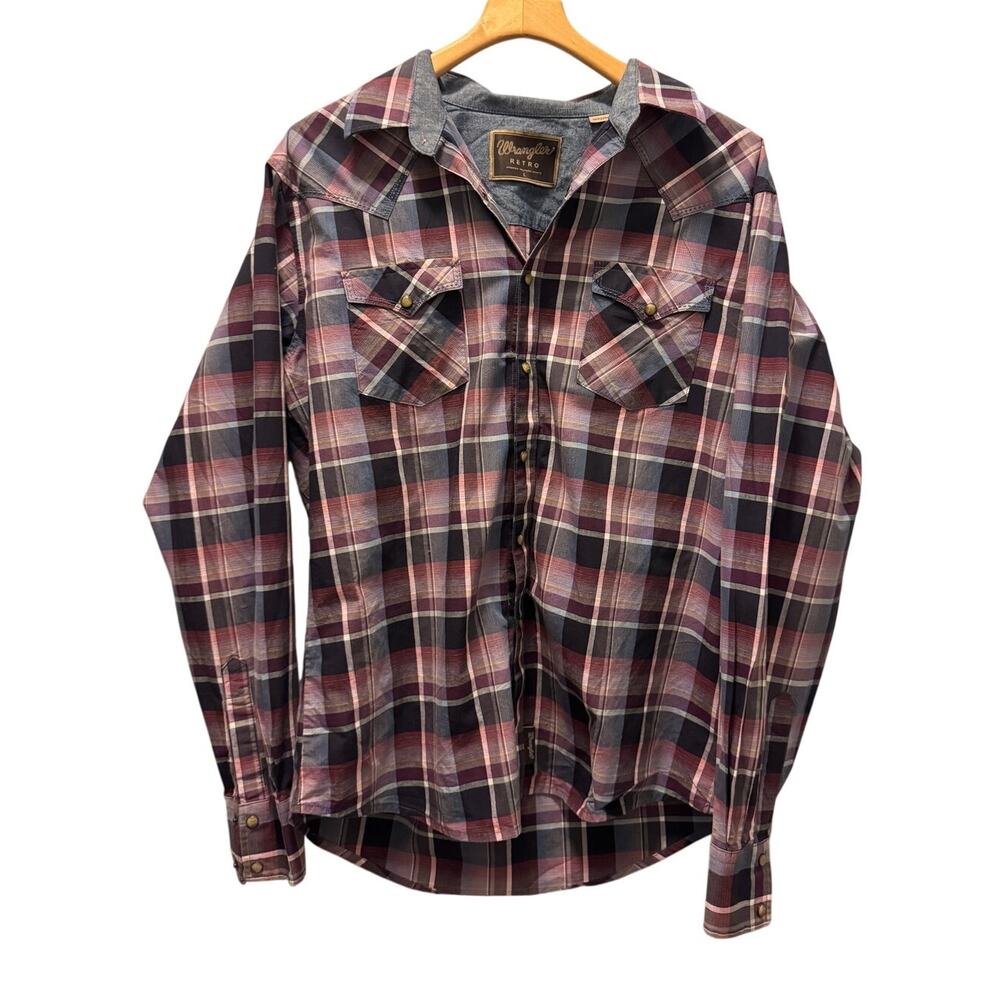 Wrangler Retro Men's Plaid Western Shirt Multicolor Pearl Snap Long Sleeve Large